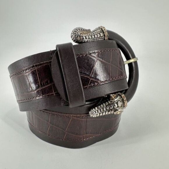 Carlisle Women\'s Leather Crocodile Head Tail‎ Rhinestones Buckle Belt Brown XS